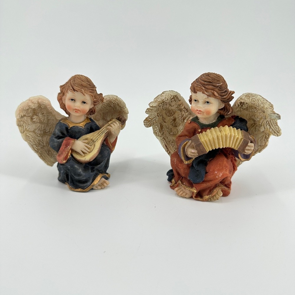 Pair of Musical Angel Cherub Resin Figurines Lute and Accordion Navy Red